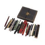 A collection of vintage fountain pens to include Art Deco examples with 14ct gold nibs by Swan Marie