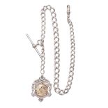 A silver albert pocket watch chain, with hallmarked T-bar and fob, 43.5g, 38.5cm long.