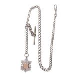 A silver Albert watch chain, each link hallmarked, with plated T bar and lobster claw clasp, with