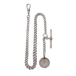 A silver albert pocket watch chain, with hallmarked T-bar and silver coin, 24.7g, 32cm long.