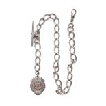 A silver albert pocket watch chain, with large open loops, with hallmarked T-bar and fob, 48.3g,