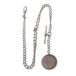 A silver Albert watch chain, each link hallmarked, with silver T bar and lobster claw clasp, with