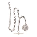 A silver albert pocket watch chain, with hallmarked fob, with plated T-bar, 42.4g, 33.5cm long.