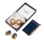 A pair of boxed Chanel vintage gilt-metal faux pearl clip-on earrings, the 18mm pearl within