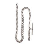 A silver Albert watch chain, each link hallmarked, with T bar and lobster claw clasp, 33cm long,