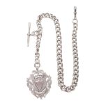 A large silver albert pocket watch chain, with hallmarked T-bar and large fob, graduated links, 89.