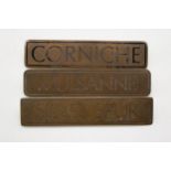Three Bentley / Rolls Royce Motors car badges to include Silver Spur, Corniche and Mulsanne, 16cm