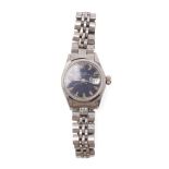 A Rolex stainless steel lady's wristwatch, Oyster Perpetual Date, the blue dial with baton numerals,