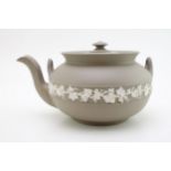 Wedgwood Jasperware teapot in taupe / grey colourway, 22cm wide. In good condition with no obvious