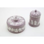 Wedgwood Lilac Jasperware to include a lidded sugar jar, 11cm tall, with lidded circular trinket