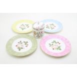 Four Wedgwood wild strawberry plates and a Minton Haddon Hall lidded porcelain pot excellent