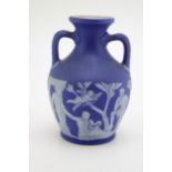 Wedgwood 19th century miniature Portland vase, dip blue colourway, with traditional relief scenes,