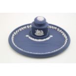 Wedgwood Cobalt Blue Jasperware inkwell with moulded pen tray and removable inkwell, 25cm wide. In