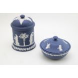 Wedgwood Cobalt Blue Jasperware large lidded jar with neo-classical scenes, 16.5cm tall, with a
