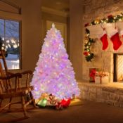 RRP £99 - Costway Pre Lit Multicolour Flocked Pink LED Artificial Christmas Tree with Remote 6ft
