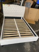 Ivory double slatted bed with tall material headboard. Pick up only
