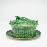 Green-Glazed Basketweave Lidded Bowl with Cow Finial and Plate