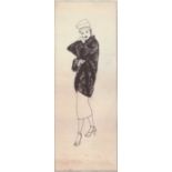 Wayne Hall Ink Drawing Illustration Woman in Fur Coat