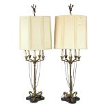 A Pair of Antique Neoclassical Style Gilt Bronze Table Lamps with Big Cat Feet and Stork Finials