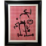 Joan Miro (Spanish 1893-1983) Color Lithograph on red and white cloth on Mandeure Chiffon mounted on