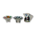 3pc Wedgwood Bizarre by Clarice Cliff Creamer and Footed Bowls, May Avenue and Orange Roof Cottage