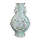 Chinese Celadon Glazed Famille Rose Porcelain Moon Flask with Chilong Handles, Floral Designs