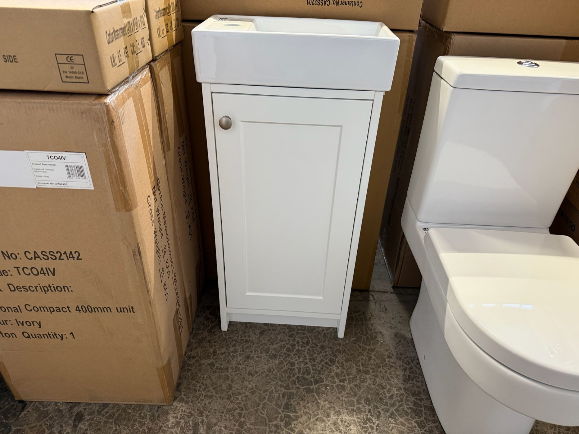 TRADITIONAL COMPACT BASIN VANITY UNIT IVORY INCLUDING BASIN 410MM X 220MM (IN BOX)