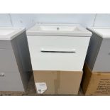 IDON WALL HUNG 1 DRAWER VANITY UNIT WHITE 600MM X 427MM COMPLETE WITH BASIN (OUT OF BOX)
