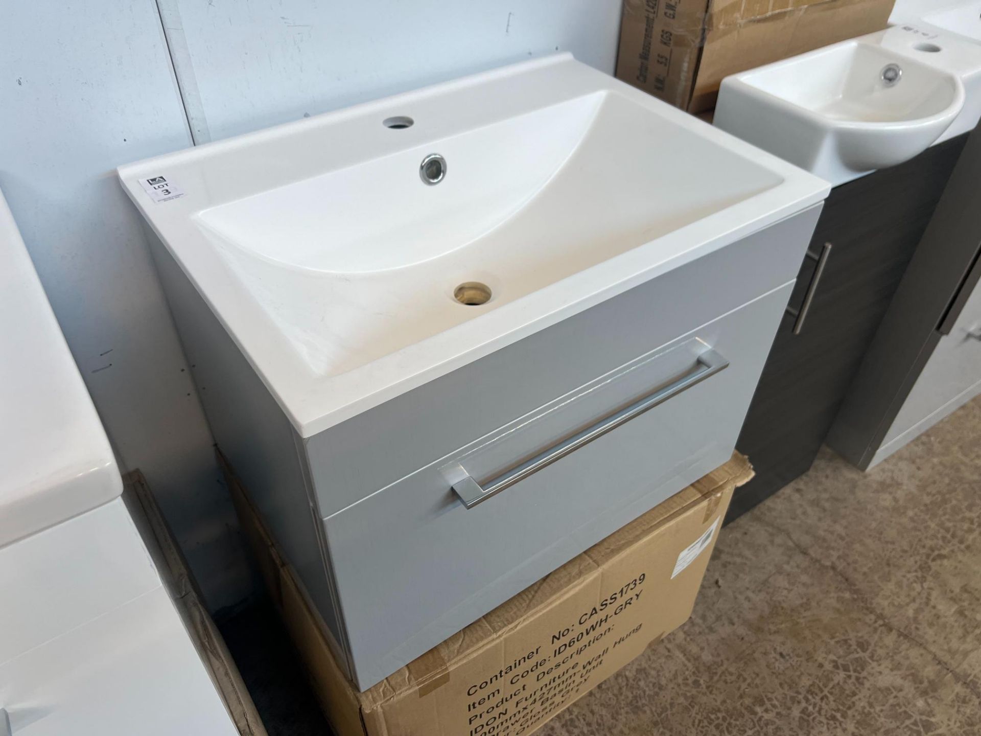 IDON WALL HUNG 1 DRAWER VANITY UNIT GLOSS GREY 600MM X 427MM COMPLETE WITH BASIN (OUT OF BOX) - Image 2 of 2