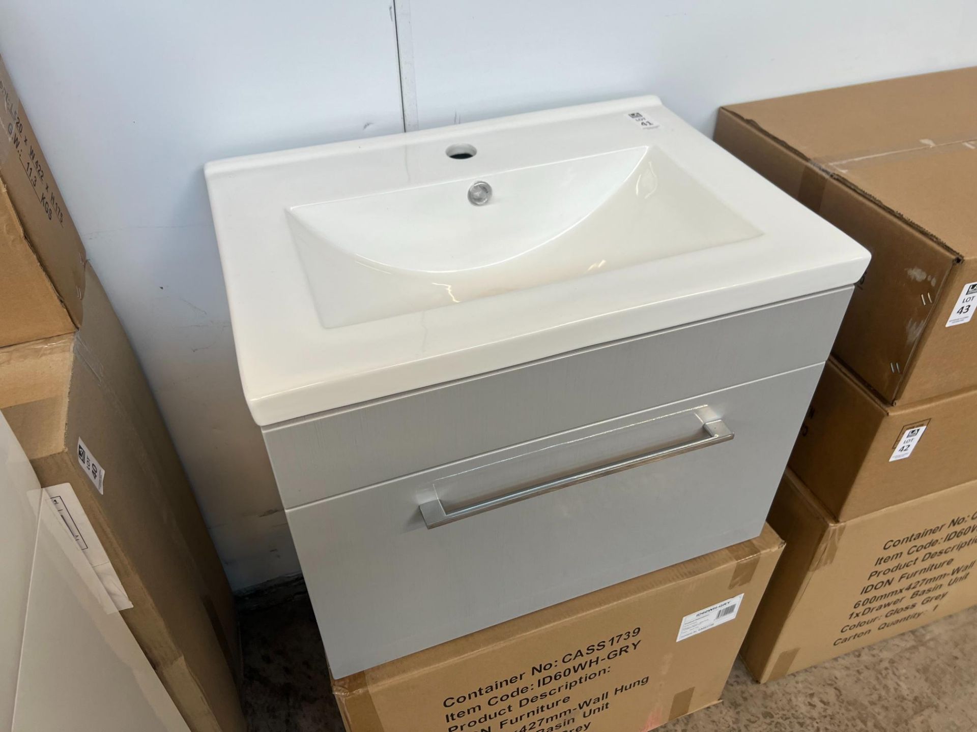 IDON 1 DRAWER WALL HUNG VANITY UNIT 600MM WIDE GLOSS GREY INCLUDING BASIN - Image 2 of 2