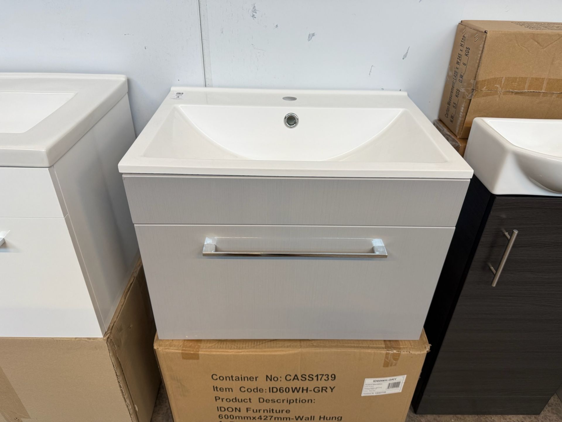 IDON WALL HUNG 1 DRAWER VANITY UNIT GLOSS GREY 600MM X 427MM COMPLETE WITH BASIN (OUT OF BOX)