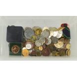 GB & World medallions, tokens, badges etc, a large assortment in a plastic tub. (mind pins)