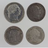 Silver Minors (4): Sixpence 1816 VF; Maundy: 4d 1831 nEF, 4d 1855 GVF, and 3d 1762 F/GF.