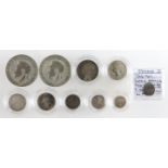 GB Silver (10): Florins: 1924 VG, 1925 VG/F; Sixpence 1877 toned VF, surface marks; Maundy Fourpence