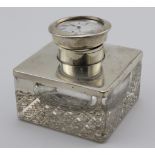 Edwardian combination silver mounted inkwell desk clock, silver hinged cover encasing a silver