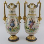 Pair of 19th century Sevres-style porcelain Vases. Hand-painted decorative work of floral & bird