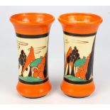 Clarice Cliff. A pair of Bizarre Ware 'Fantasque' vases, 'Orange Trees and House' pattern, flared.