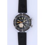 Sicura Chrono Monopusher, stainless steel back, circa 1960s. The black dial with baton indices, date