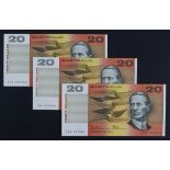 Australia 20 Dollars (3) 10 Dollars issued 1985 signed Johnstone & Fraser, a consecutively