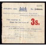 South Africa 3 Shillings Boer War Siege of Mafeking dated January 1900, serial A3031 cancelled and