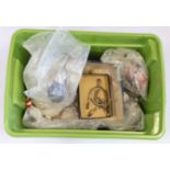 Large green plastic crate of very mixed Cap badges, many Military Buttons, Cloth, etc etc. Needs