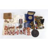 Tub with mixed lot including 10x Red Cross medals and badges. Tub of Cap badges and buttons,