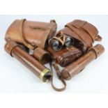 Binoculars x3 & Telescopes x2, all in leather cases, some not matching. 1) Karl Kahles Wien