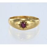18ct yellow gold ruby set Gypsy ring, 3mm diameter ruby, hallmarked Birmingham 1901, finger size
