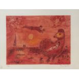 Marc CHAGALL (1887-1985), D’APRES.Coq sur fond rouge entre Paris et Vitebsk.1981.
