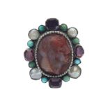 Agate Cameo Brooch with Garnet, Turquoise and Pearl Surrounding