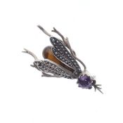 Antique Silver Gem Set Bug Brooch incl. Tigers Eye, Amethyst, Garnet and Seed Pearl, 7.7g