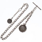 Antique Sterling Silver Watch Chain with Coins, 49.2g