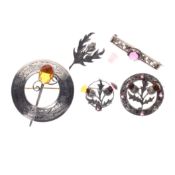 Antique Scottish Silver Brooch Collection inc. Thistle, Paste, Etched, 36.5g