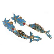 Antique Kingfisher Feather Articulated Fish Drop Earrings, 6.4g